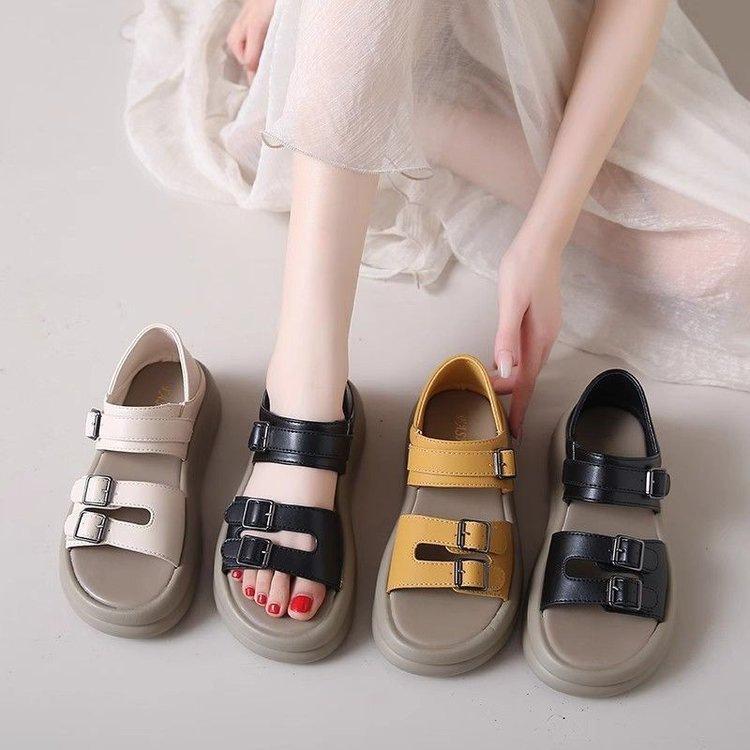 French Two-wear Roman Sandals Women's Summer 2025 New Fashion Velcro Thick-soled Heightening Soft-soled Skirt Beach Shoes