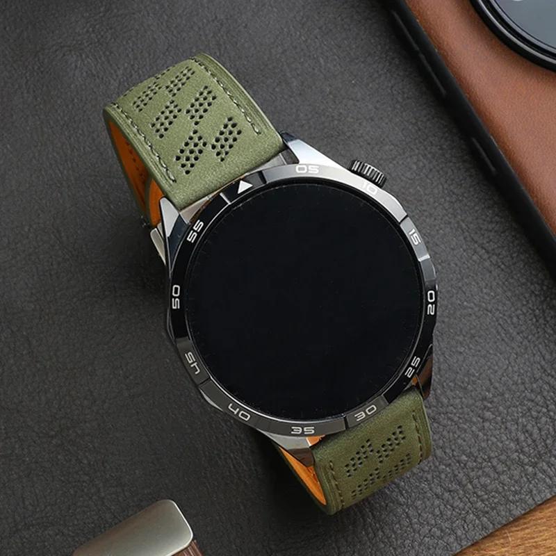 Breathable Microporous Full-leather Crazy Horse Pattern Magnetic Buckle Strap for HUAWEI GT3/4 Samsung WATCH Strap