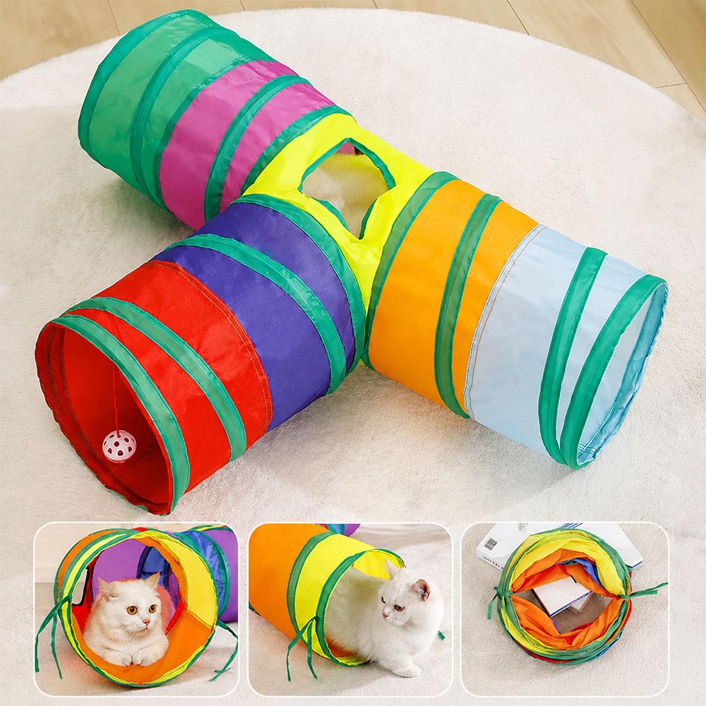 Rainbow Cat Tunnel Toy Folding Pet Play Tubes with Crinkle Paper & Bell Ball for Indoor Cats Rabbits Small Animals S I Y Shape