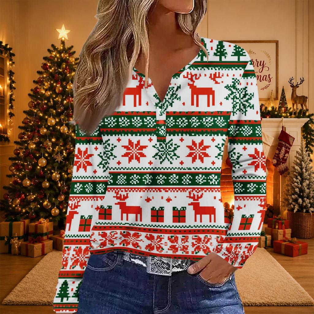 Women's Casual Christmas Print V-Neck Long Sleeve T-Shirt with Decorative Buttons for Holiday Parties