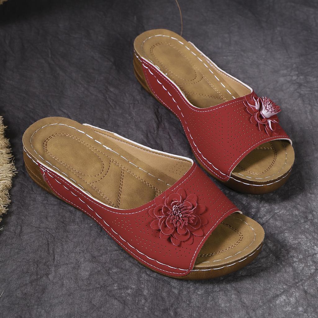 South East Asia Large Size Thick Bottom Hollow One-Word Slippers Open-toed Flower Slope Heel Beach Cool Slippers