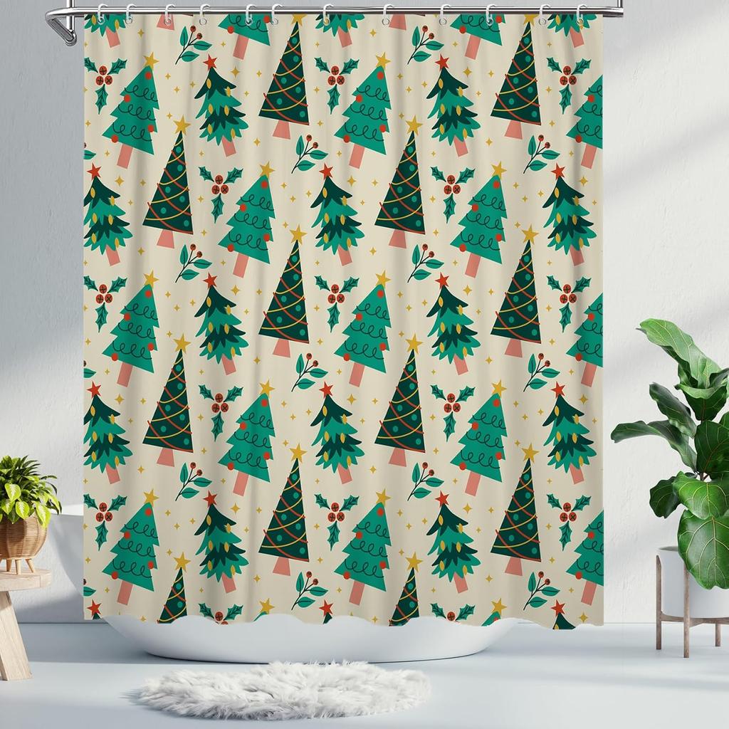 Christmas Tree Shower Curtain - Cute Green Beige Retro Xmas Design, Waterproof Polyester, Winter Holiday Bath Decor