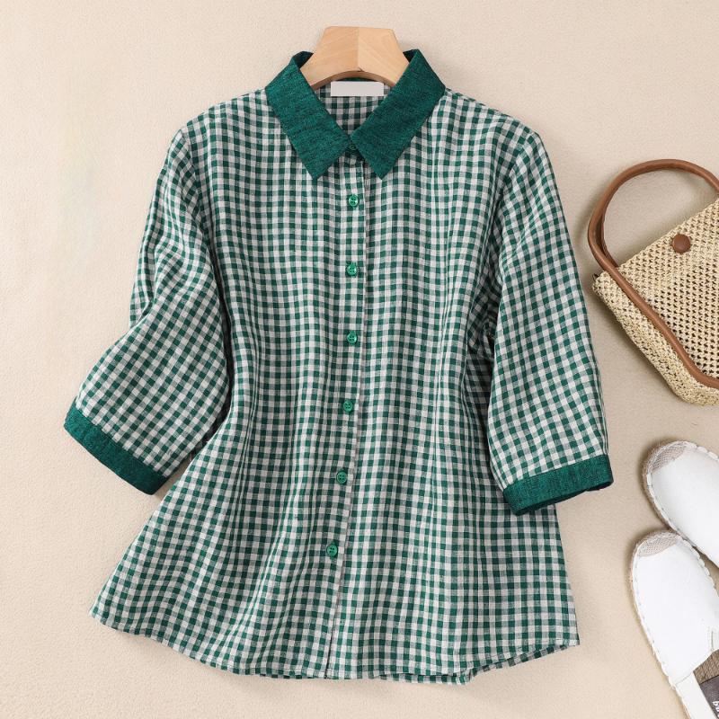 

DIMANAF 2023 Женщины Лето Новая Большая Пряжа MM Тканая Льняная Повседневная Универсальная Клетчатая Рубашка Хлопчатобумажный конопляный топ Свободное шоу Тонкие рубашки Леди