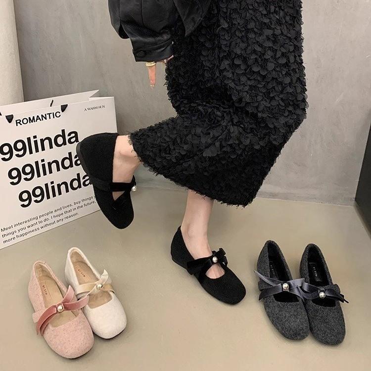 Inner Height Increase Pink Mary Jane Fluffy Shoes Women's Shoes 2025 Autumn and Winter Warm Cotton Shoes Bow Pearl Cotton Shoes