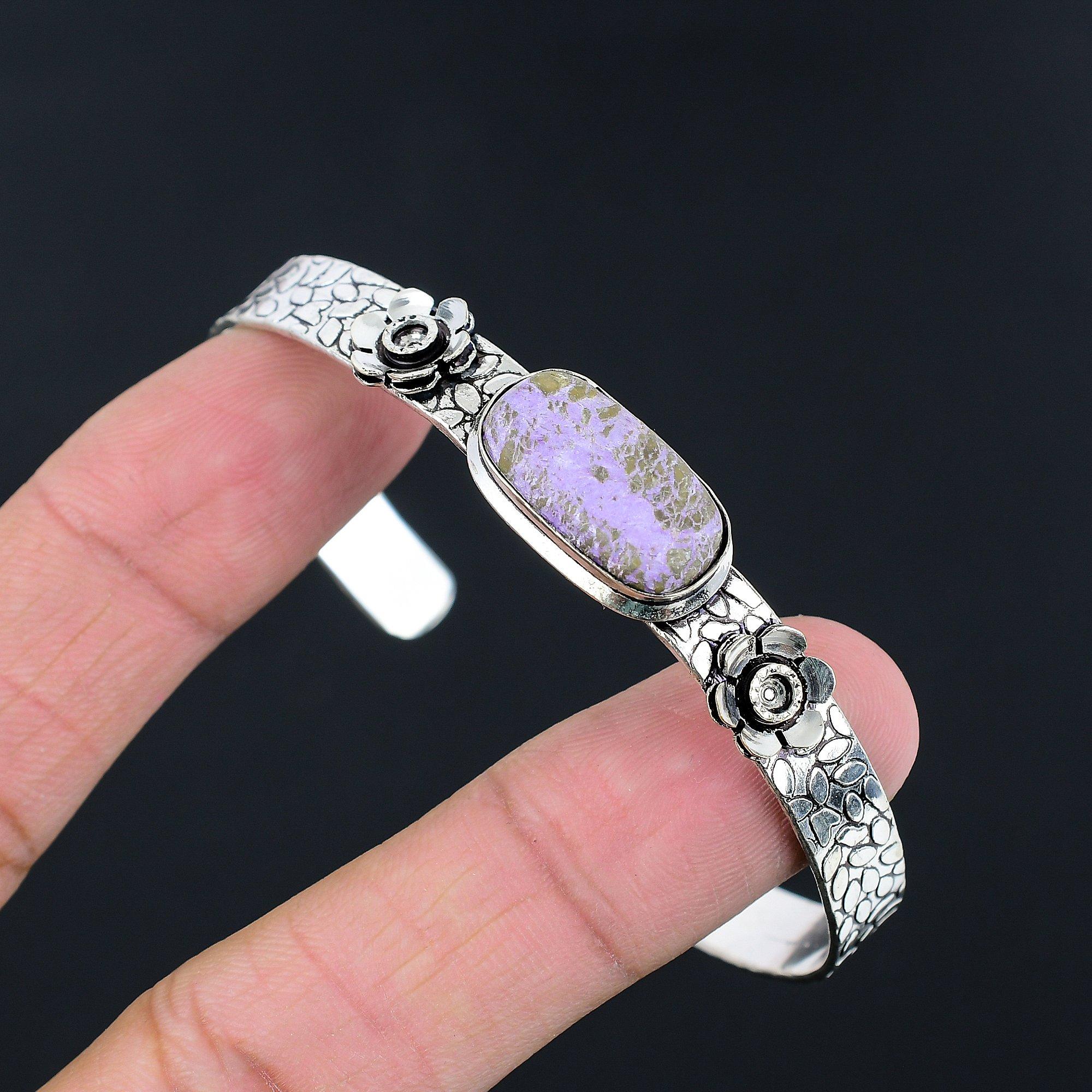 

Mothers day Deal Purpurite Stone Wife Flower Boho Bangle Jewelry Sterling Silver Adjustable