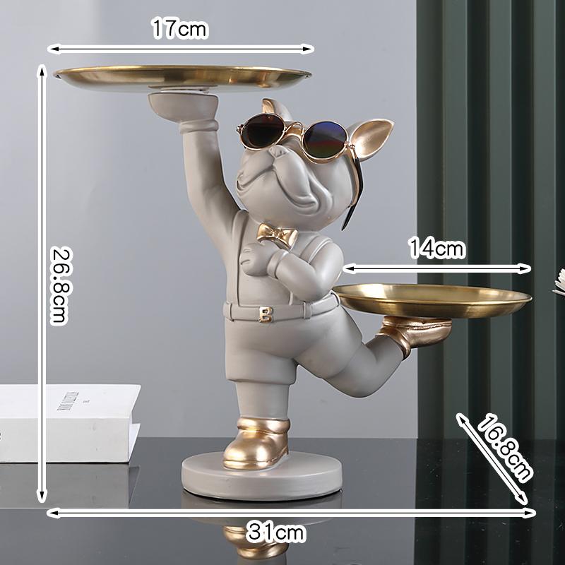 Resin Dog Statue French Bulldog Figurine Sculptures Modern Desk Decor Storage with 2 Trays Office Home Living Room Decoration