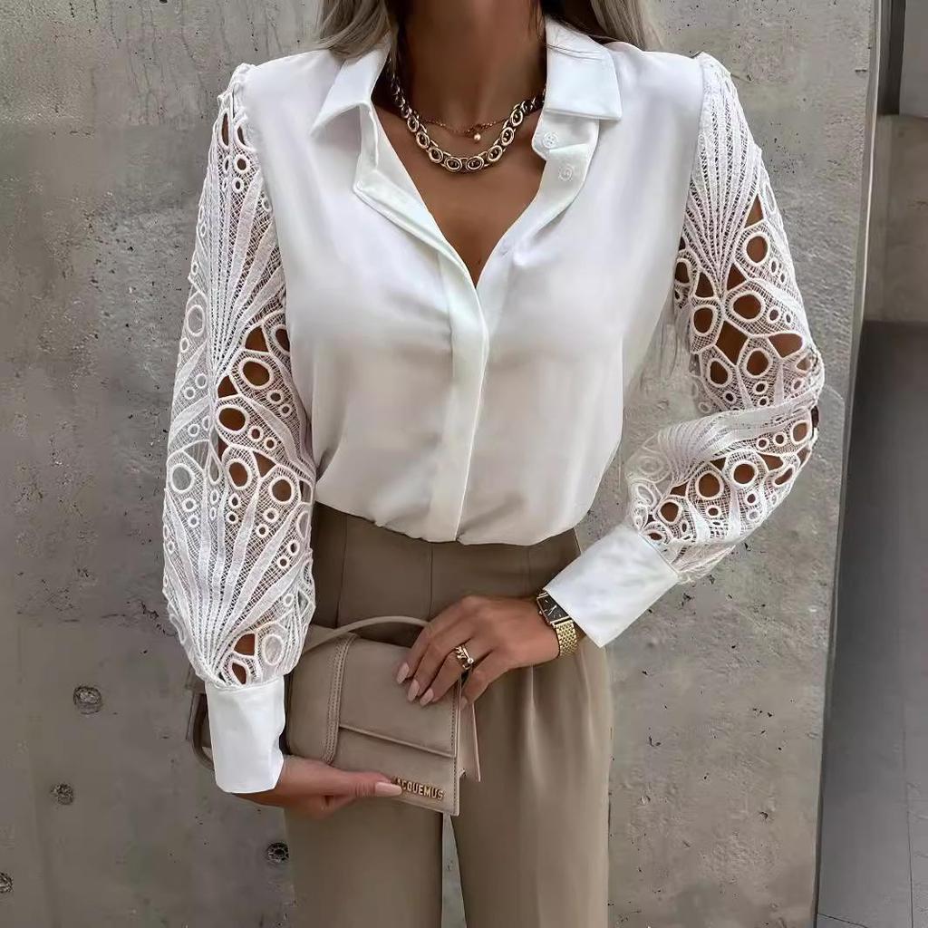 2022 Spring/Summer Women's Lace Patchwork Solid Color Blouse
