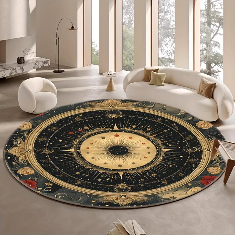 Astrology Mandala Round Rug Flannel Printed Carpet Cosmic Design Home Decor Cozy Soft Floor Mat Living Room Indoor Use