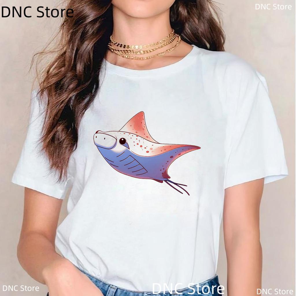 New Women Shark T Shirt Watercolor Shark Shirts,Manta Ray, Marine Creatures, Whale Print Tshirt,Summer Beach Vacation Tshirt Top