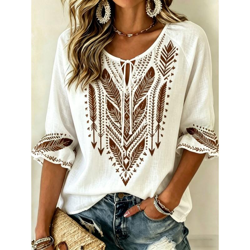 Damen Weiße Geblümte & Paisley Print Krawattenhals Bluse, Lässige Lockere Tops für Frühling Sommer Tägliches Tragen & Urlaubsanlässe