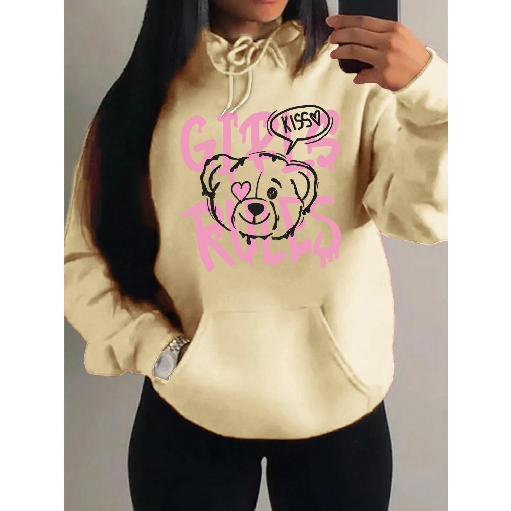 Girls Rules Pink Kiss Cartoon Love Bear Design Women Hoodies Autumn Y2K Hoody Casual Sportswear Fleece Clothes