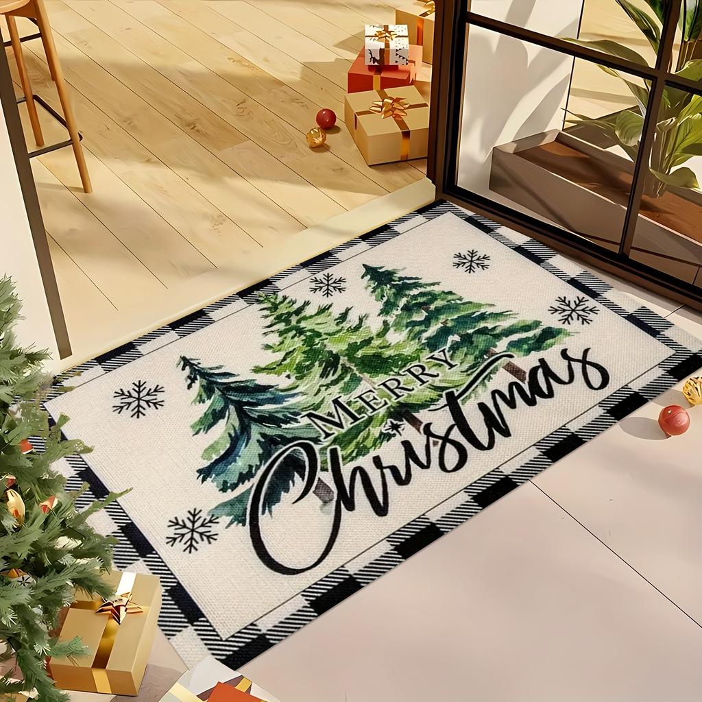 Christmas Tree Gift Print Thickened Doormat, Farmhouse Country Style Flannel Rug for Indoor Outdoor Multi-Room Decor