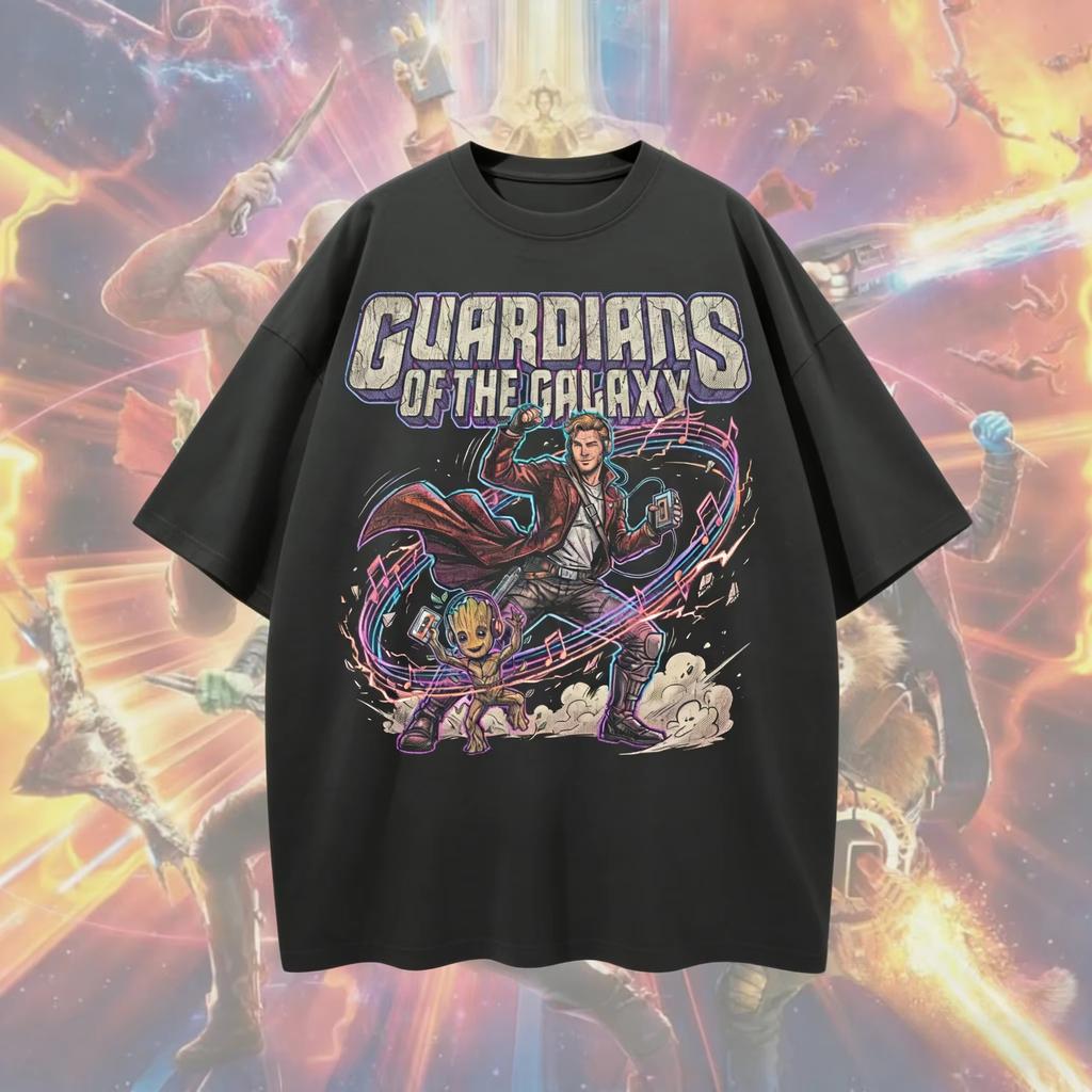 2026 new Retro oversized Guardians of the Galaxy Tshirt with StarLord and Groot dancing pattern Retro street style