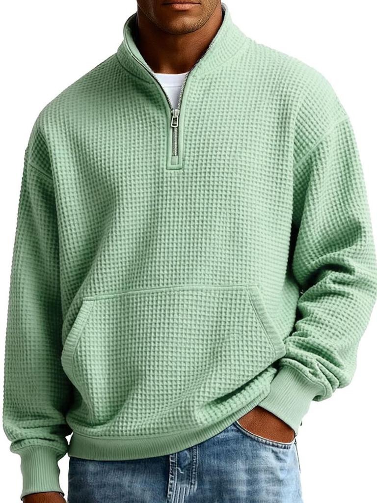 Men's American-Style Zipper Waffle Knit Hoodie - Solid Color, Loose Fit