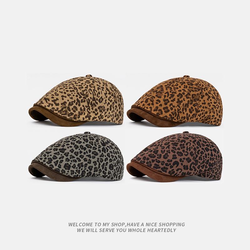 Vintage Leopard Print Forward Hat Women Beret Newsboy Hat Peaked Cap