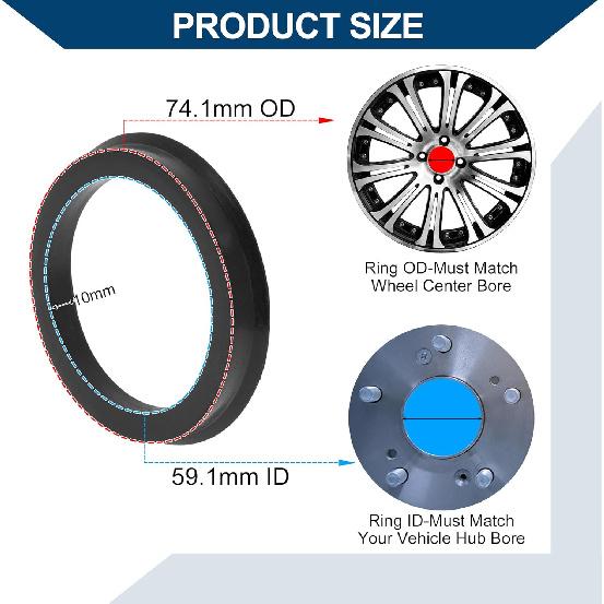 Car Wheel Hub Centric Rings Wheels Center Shaft Shock Absorbing Hubrings Durable Polycarbonate OD 74.1mm To ID 59.1mm 2 Pcs Black