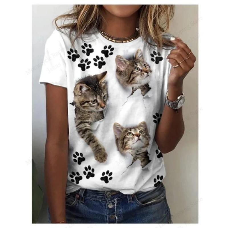 Summer Round Neck 3D Cat Print Top Fashionable Casual Short Sleeved Women's T-shirts