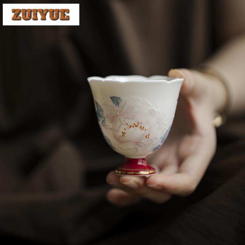 75ml Handgefertigte Blume Mund Große Meister Tasse Handgezeichnet Gestapelte Pfingstrose Teetasse High-End Vergoldete Teetasse Kung Fu Tee Zubehör