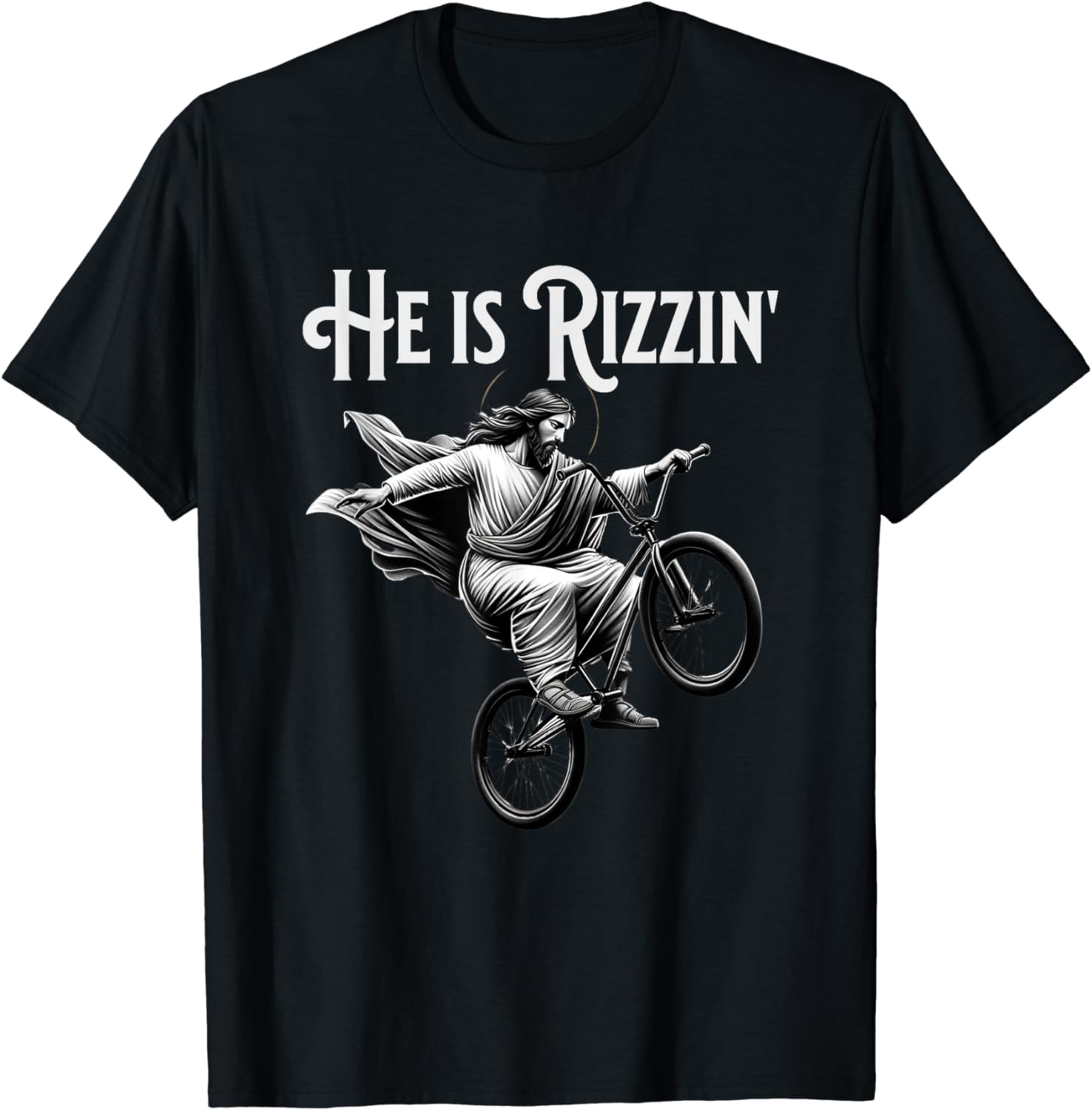 

He Is Rizzin Jesus Riding BMX Bike Funny Bicycle Rizz TShirt Men Clothing Tops Graphic T Shirts Streetwear Ropa Hombre 4XL