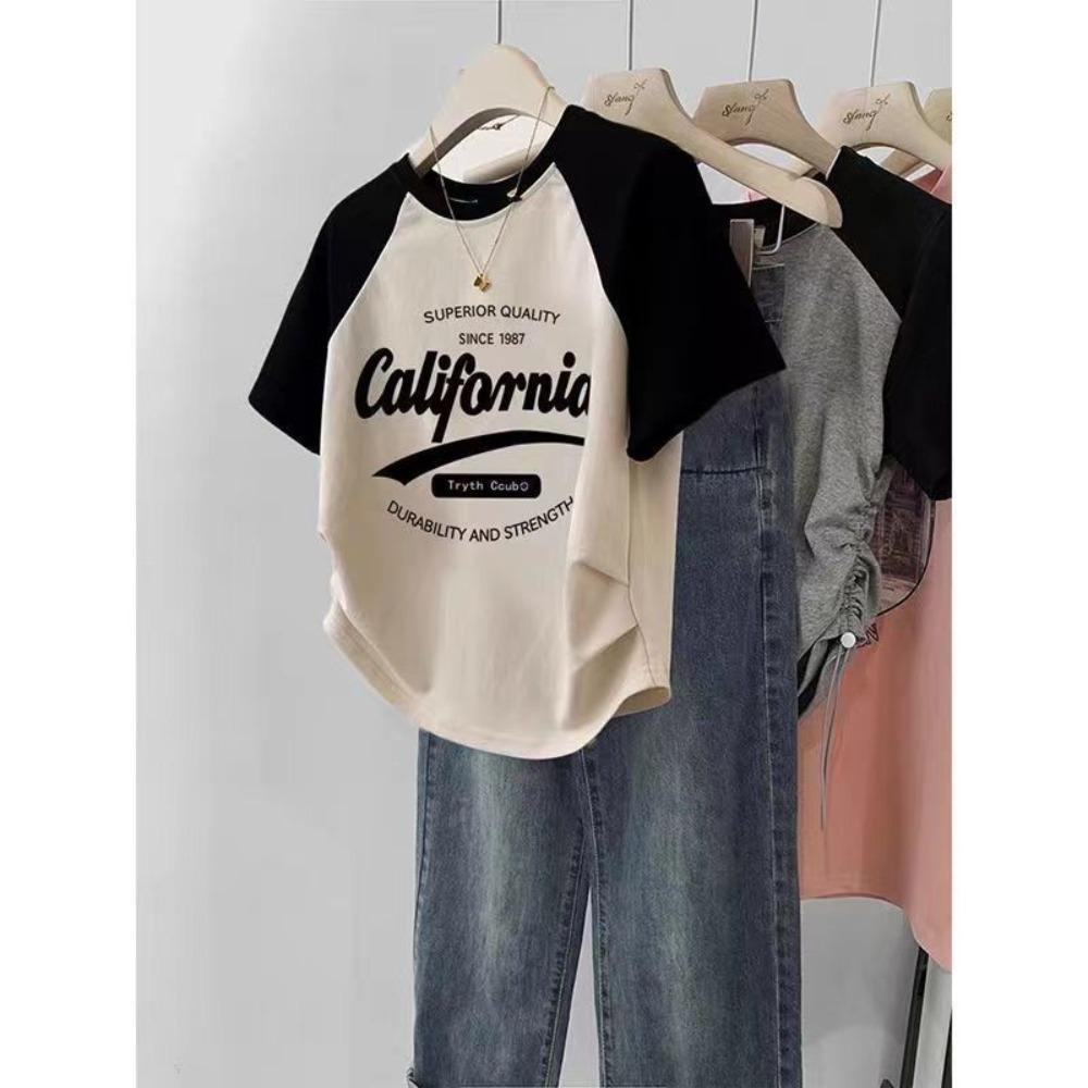 

Color Blo ort Sve round Ne T-irt Women s Slim Fit Vintage American Sle Retro INS Faion Top Trendy Streetwear M