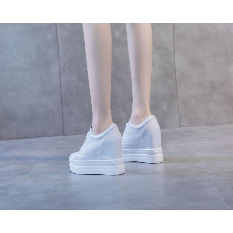 Fashion Women Genuine Leather 11cm Hidden Wedge Sneakers Platform Shoes High Heels Sneakers Woman Casual Shoes White Women Trainer