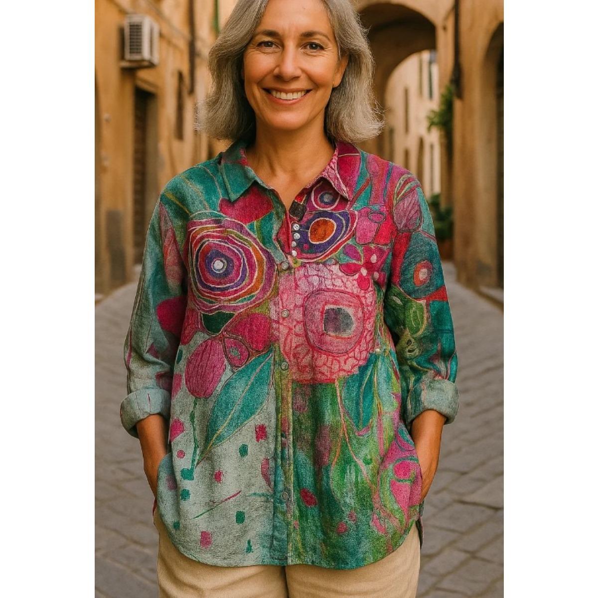 

Жіноча, Повсякденна, З довгим рукавом, Сорочка на ґудзиках, Квітковий принт, Можна прати в машині, Повсякденний, Вільний крій M