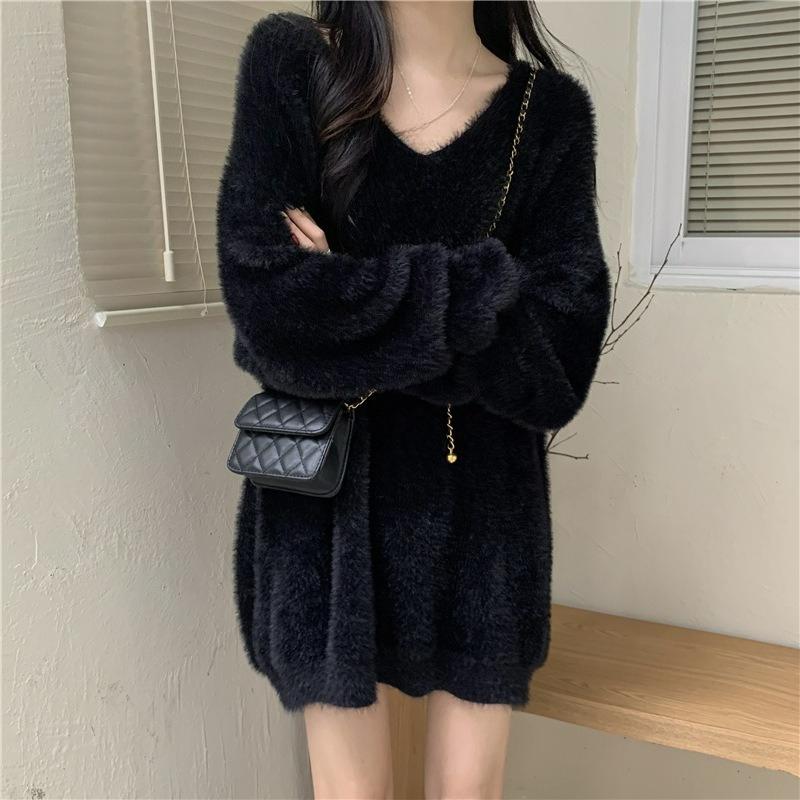 Imitation Mink Fleece Soft Waxy Sweater Ladies's Fall and Winter Lazy Style V-neck Loose and Thin Mid-length Pullover Sweater