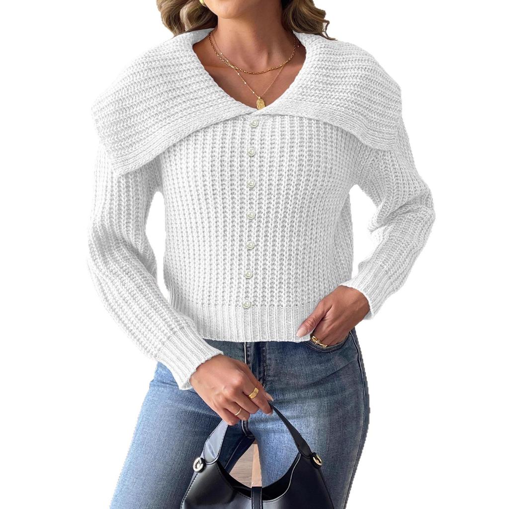 Women's short wool top, pearl beaded navy collar sweater, cross-border European and American women's clothing autumn and winter pullover sweater