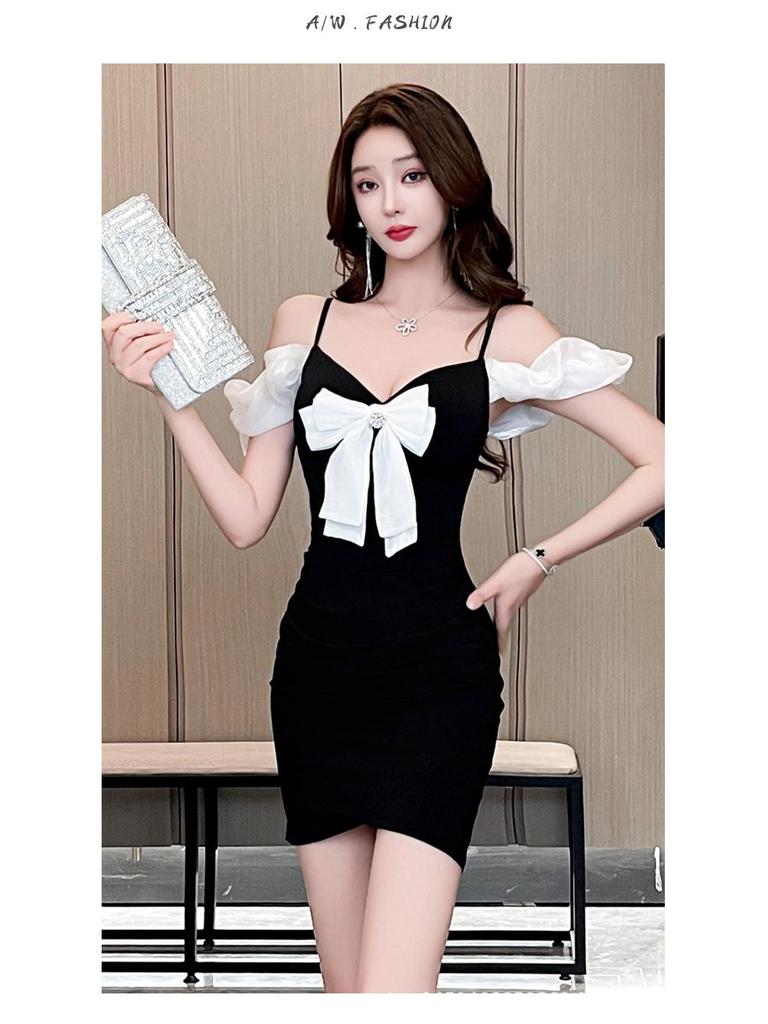 Chic Off-Shoulder Patchwork Strappy Bodycon Mini Dress for Nightclub and Spa Workwear