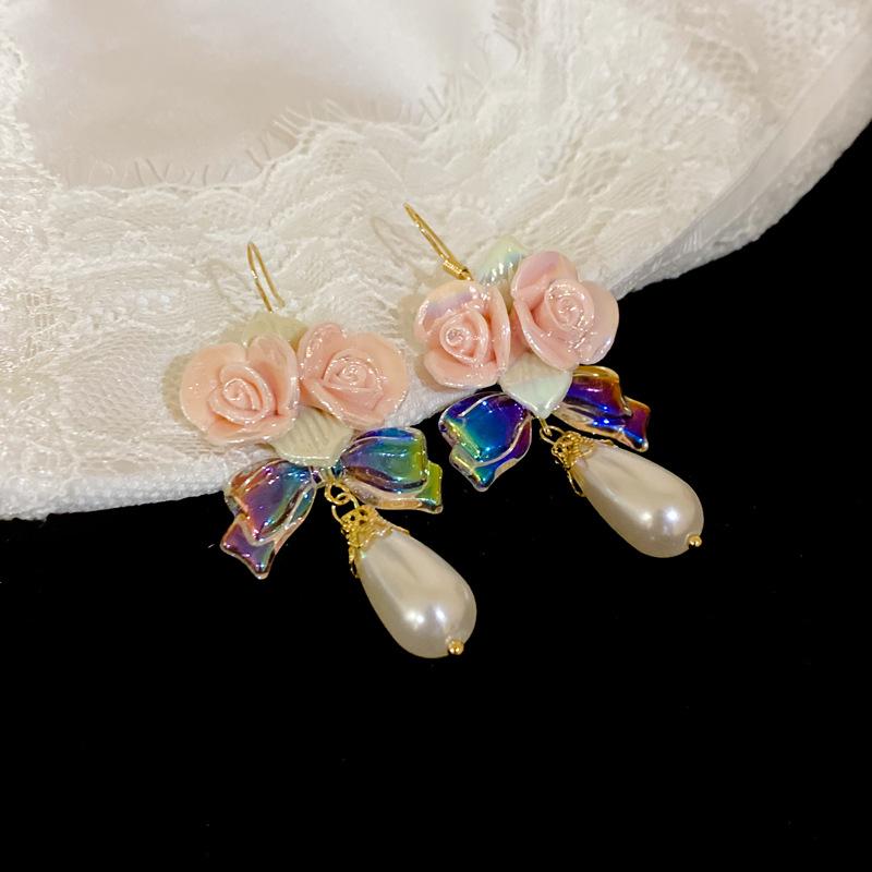 

Ceramic Flower Water Drop Pearl Ear Hook Sweet and Fresh Temperament Earrings Earrings Literary Lady Fan Earrings Women