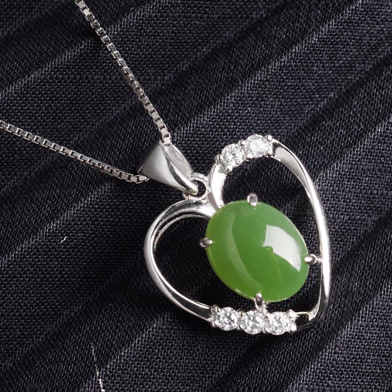 925 Sterling Silver Heart-shaped Jade Pendant Necklace with Certificate - Green Hetian Jade for Women