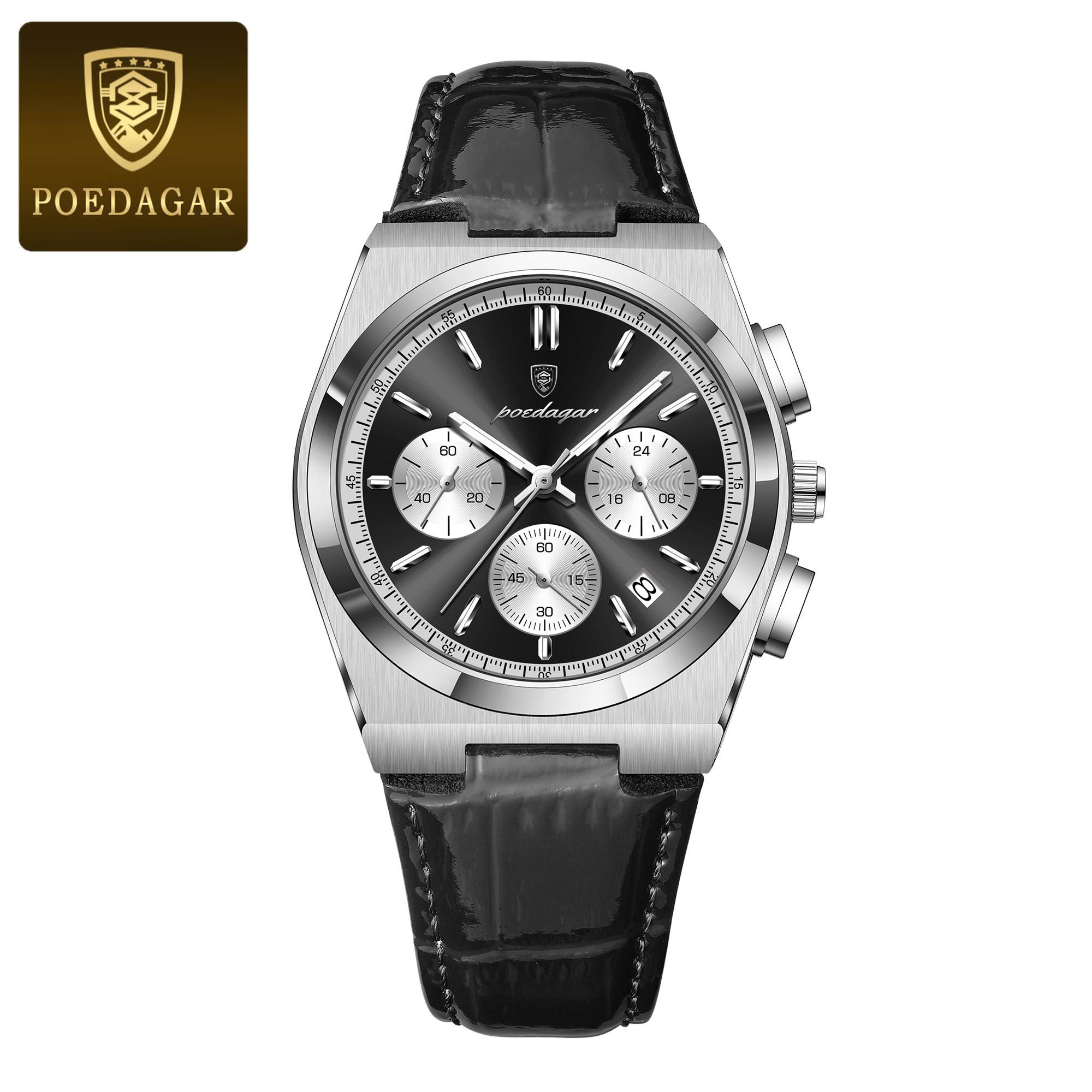 POEDAGAR Trendy Luxury Man Watch Waterproof Luminous Chronograph Date Quartz Wristwatch Fashion Sports Leather Watches чёрный/серебряный