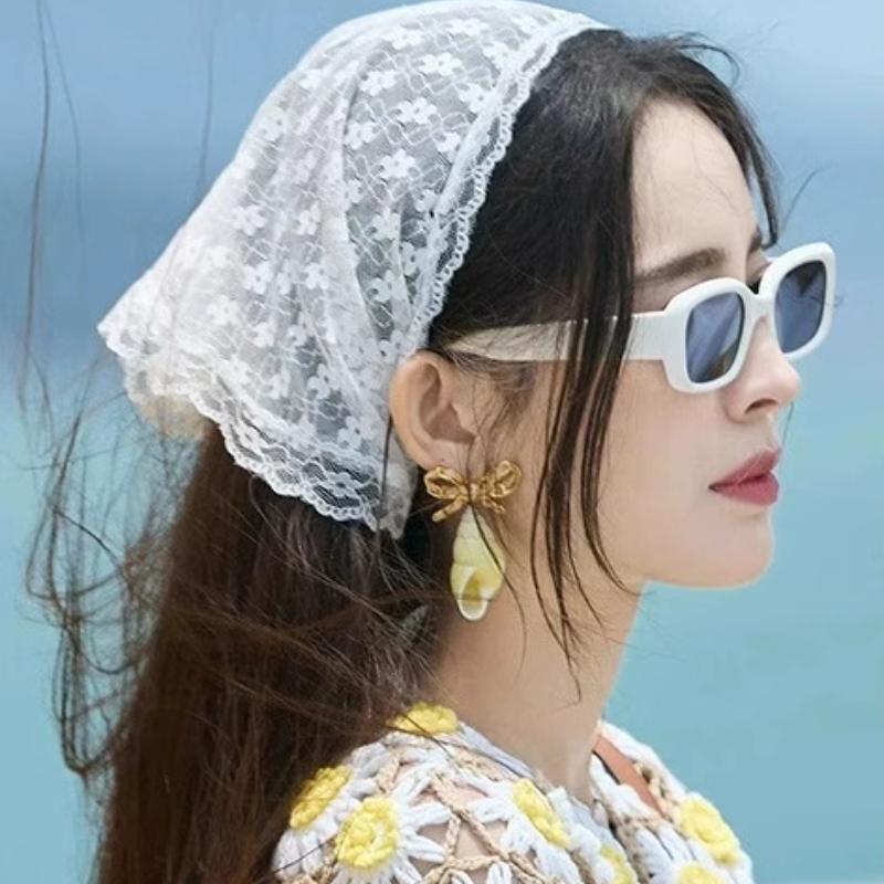 Women French Country Style Lace Mesh Triangle Scarf Spring Summer Floral Hair Scarf Elegant Headwrap Bohemian Hair Accessories