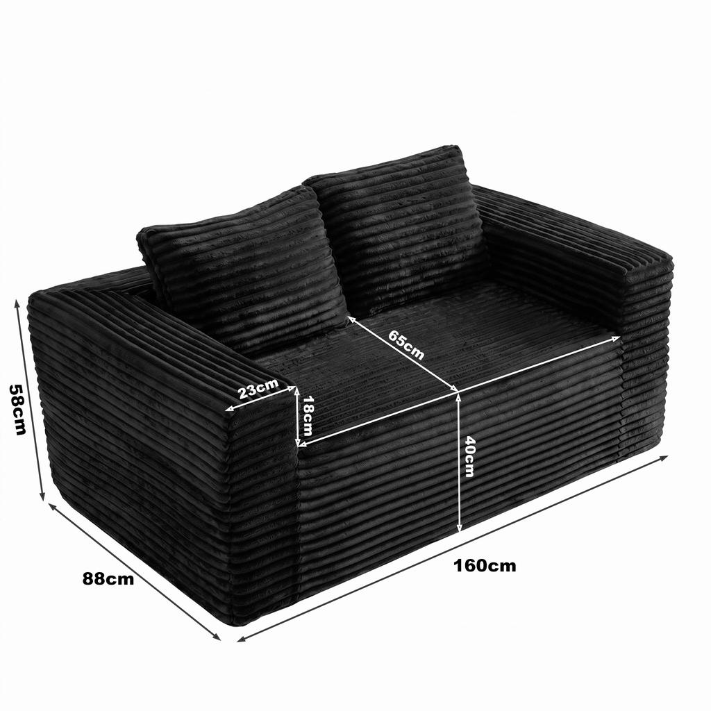 Boneless Deep Seat 2-Seater, No Assembly Foam Floor Couch, Plush Corduroy Fabric, Living Room Sofa for Small Space Apartment, Bedroom, Office (Black)