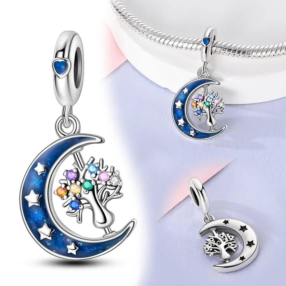 copper Moon Dangle Charm Bead Charms Sparkling Star Shape Zircon Tree of Life Bead Charms Diy Authentic Bracelets Making Fine Jewellery Gifts for Wome
