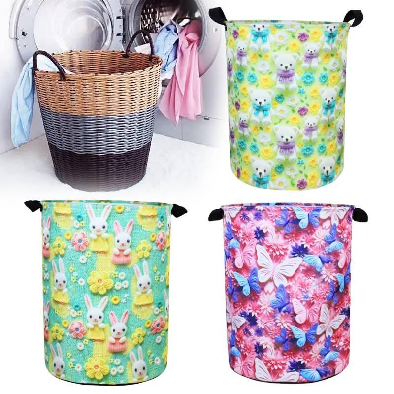 Butterfly Elephant Rabbit Bear Flower 3d Print Cylinder Clothes Basket Storage