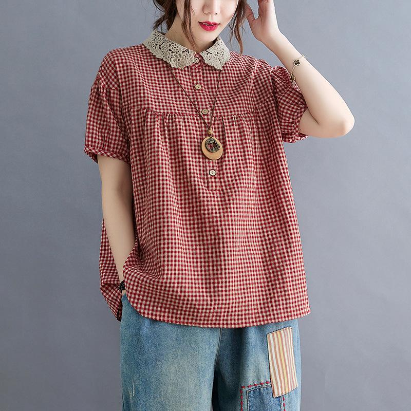 

Summer Plaid Plus Size Doll Collar Looks Slim Versatile Short Sleeves XXXL червоний