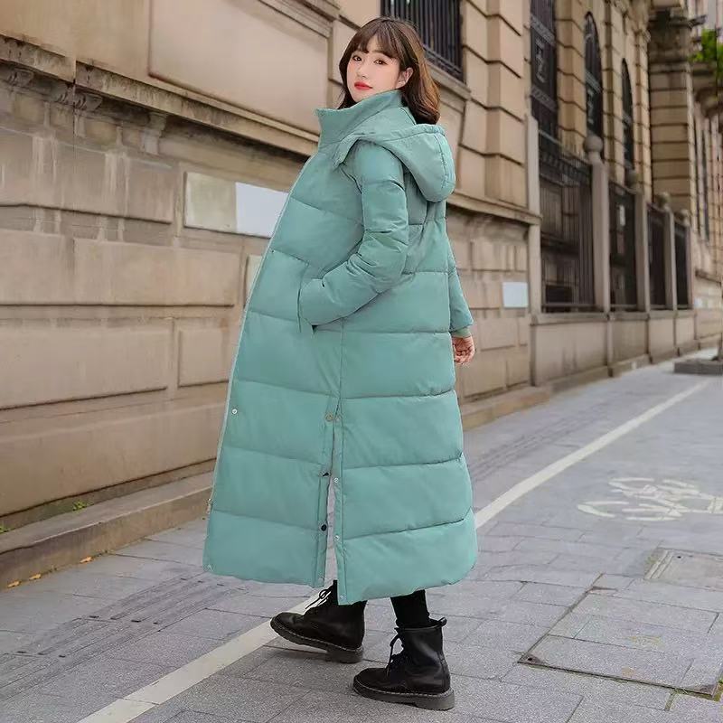 Giacca invernale da donna extra lunga con cappuccio e spacchi laterali, antivento, calda, imbottita in cotone, oversize