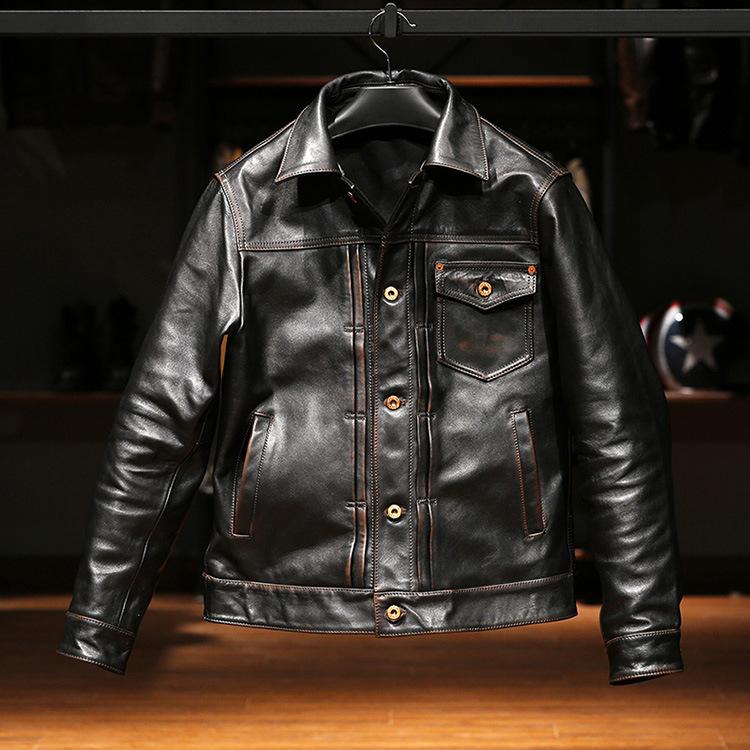 Retro casual denim tea core cowhide leather jacket men's lapel casual Ami Kaji leather jacket