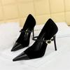 Fashion Version Party Thin High Heel Women Shoes   Velvet Shallow Mouth Pointed Toe Metal One-line Buckle Single Shoes