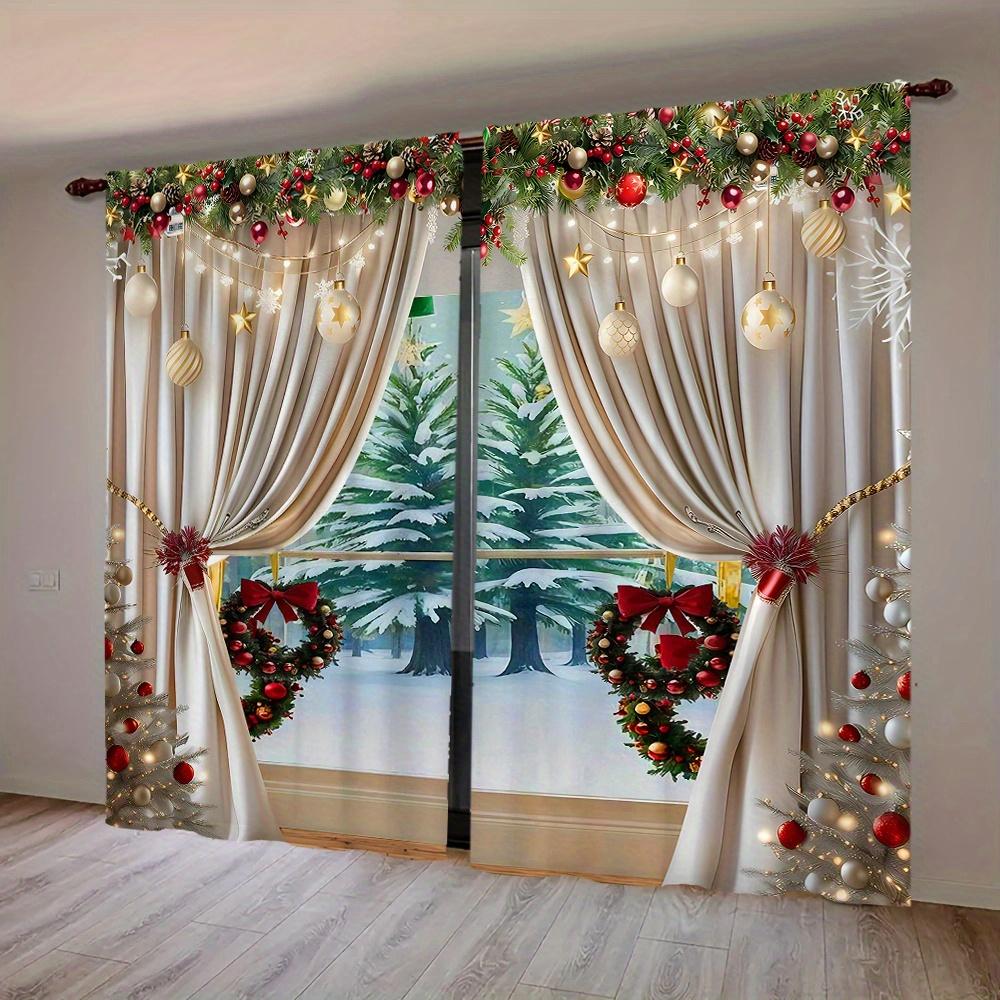2pcs/Set Festive Red Christmas Ball And Green Leaf White Snow Pattern Print Curtains - Perfect For Living Room, Bedroom, Kitchen