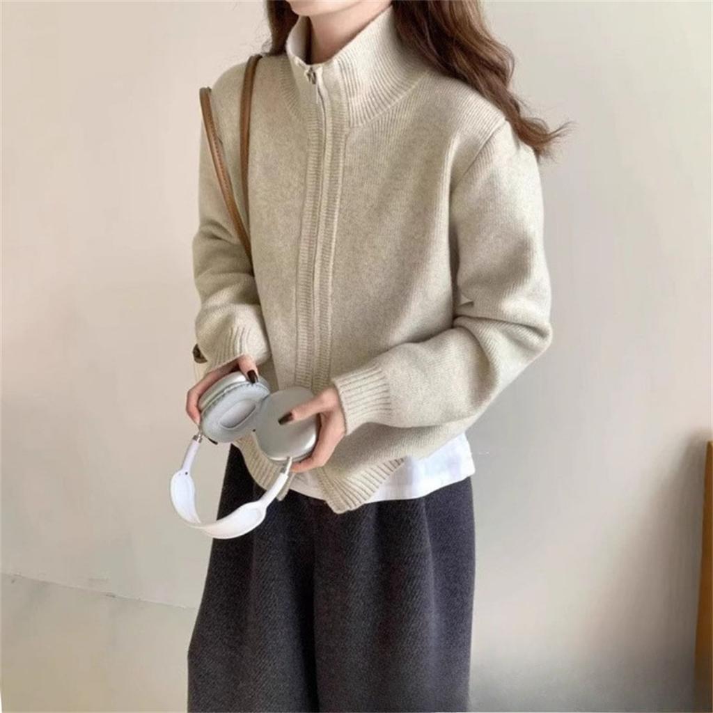 Loose Fit, Sweater, Coat, Women's, Double Zipper, Stand Up Collar, Knit, Cardigan