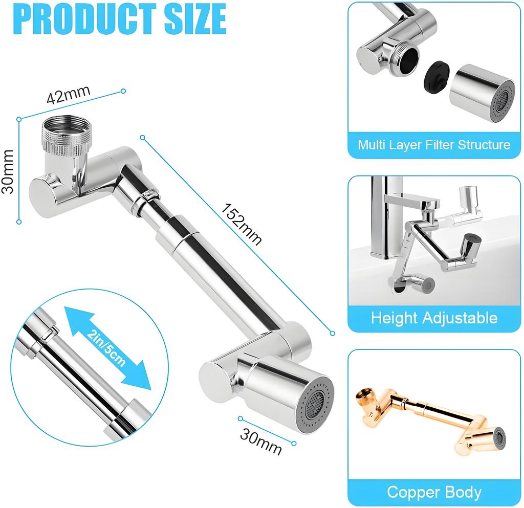 1080° Swivel Faucet Extender Sink Water Faucet Aerator 2 Mode Splash Water Kitchen Bathroom 360°Rotatable Spray Attachment
