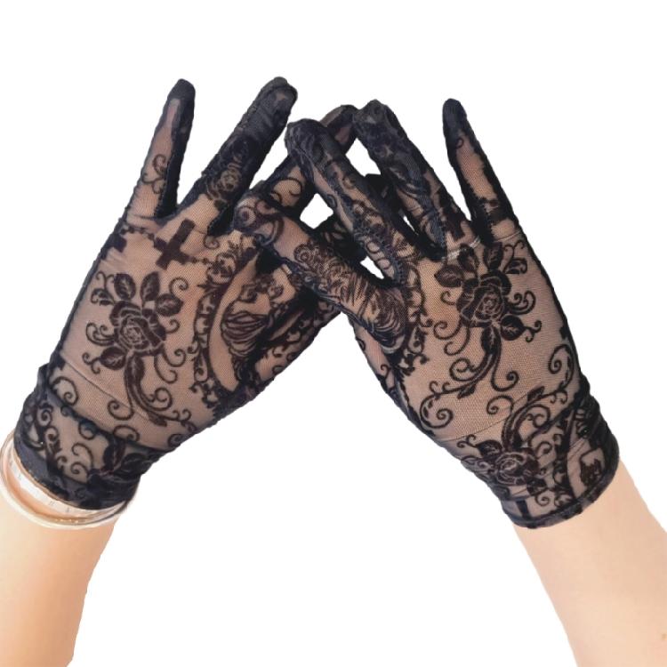Elasticated Lace Gloves Gothic Skull Crosses Pattern Costume Party Essential for Halloween Event and Themed Performances