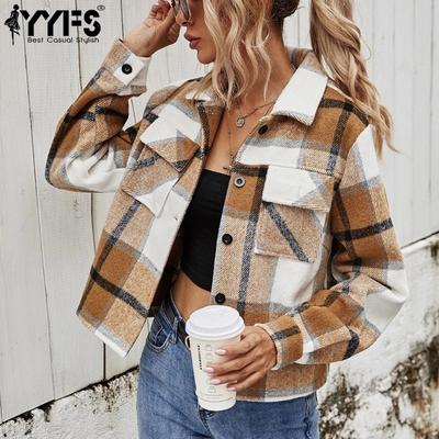 Women's Fashion Casual Plaid Print Autumn Winter Long Sleeve POLO Neck Jackets & Coats