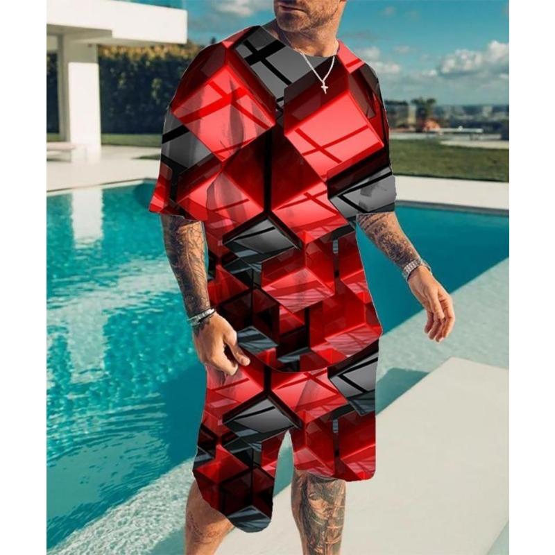 Neues Herren-Rundhals-T-Shirt-Set mit optischem Täuschungsmuster, zweiteiliges Set, modisches Herren-Sommer-T-Shirt-Set