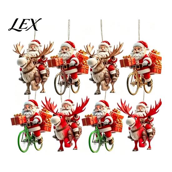 Indoor Christmas Theme Ornaments 8/16/24/32Pcs 2D Flat Wooden Ornaments, Santa Claus Riding Bicycle Hanging Winter Holiday Craft Decorations