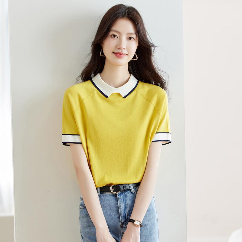 CARBAMMI Women s Colorblock Lapel Knit Short-Sleeve Top M
