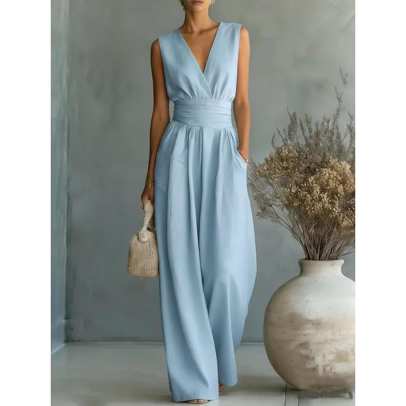 Women's V Neck Short Sleeve Wide Leg Jumpsuit Wrap Waist Elegant Casual Outfit