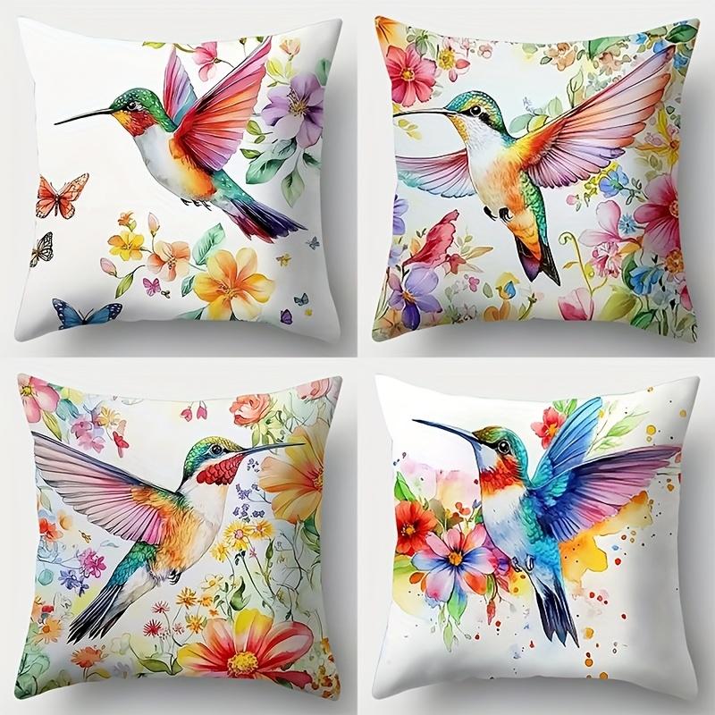 4-piece vibrant hummingbird and floral pillowcase set, modern decorative throw pillows for living room and sofa decor